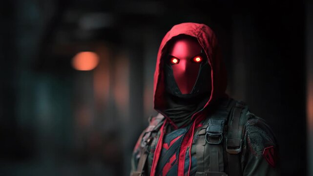 Mysterious hooded figure with glowing red mask in a dark urban environment