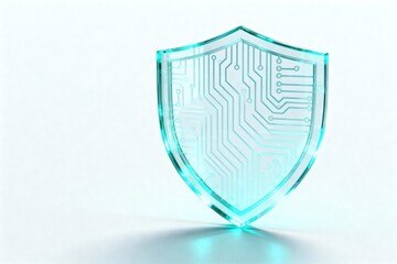 A glowing blue shield with circuit board pattern on a white background representing security concept