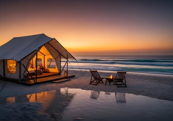 Luxury camping on a pristine beach at sunset with campfire and tent providing a relaxing vacation