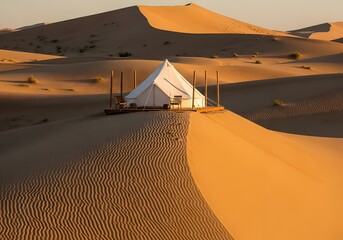 Luxury Desert Camp Serene White Tent Standing Proudly Atop Rolling Sand Dunes Landscape