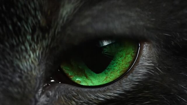 Green eye close-up of black cat showcasing detailed texture