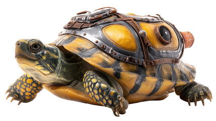 Cute turtle carrying a sports racket on its back in a playful whimsical illustration, detailed character artwork isolated on white background
