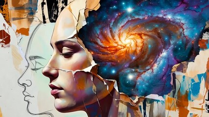 Portrait of woman with cosmic mind in abstract digital art - Powered by Adobe