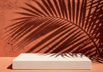 Minimalist Palm Shadow Product Display Podium Platform on Textured Terracotta Background