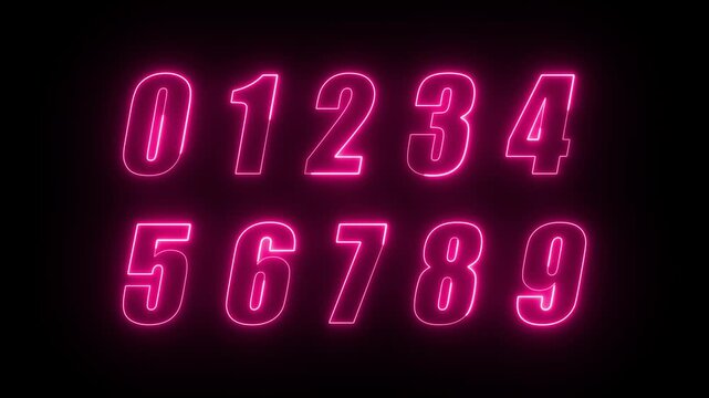 Neon glow 0 to 9 text number sign animation on black background, neon colorful 0 to 9 numbers animated