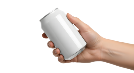 A hand holding a small white aluminum can against a black background in a studio setting image