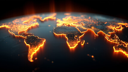 World map made of luminous points outlining continents and representing global connectivity innovation and international collaboration.
