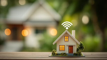 A connected miniature house with a wifi symbol representing smart home automation, secure wireless connectivity and the comfort of living in an intelligent internet of things environment.