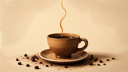 Hot aromatic coffee in beige cup with steam swirling up against light background with scattered coffee beans for cozy morning and relaxation