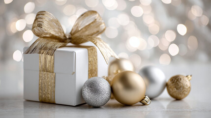 Wrapped gift with gold bow alongside a variety of ornaments, set against a backdrop of twinkling bokeh lights. A festive scene for the holidays.