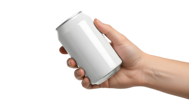 A hand holding a small white aluminum can against a black background in a studio setting image