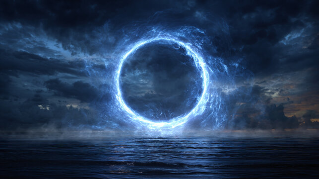A mesmerizing portal of glowing energy, reflecting over the serene surface of a tranquil body of water under a twilight sky, with dark clouds.