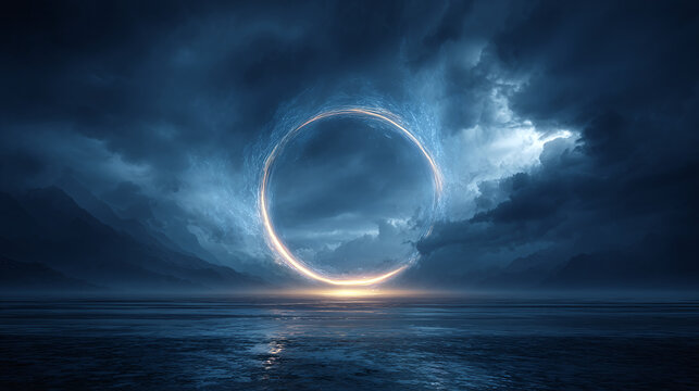 A mystical portal illuminates a dark shoreline. Mountains loom under dramatic clouds, reflecting a serene yet otherworldly ambiance. - Powered by Adobe