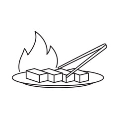 Barbecue skewers being cooked over flames with tongs