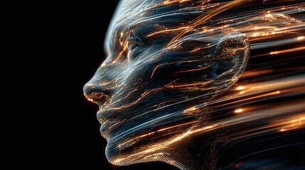 Abstract representation of human face, intertwined with vibrant light trails on black background. Symbolizes technology, connection, and future.