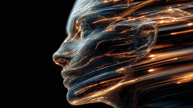 Abstract representation of human face, intertwined with vibrant light trails on black background. Symbolizes technology, connection, and future.