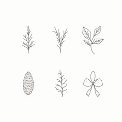 Set of Hand-Drawn Christmas Botanical Elements and Line Art Doodles