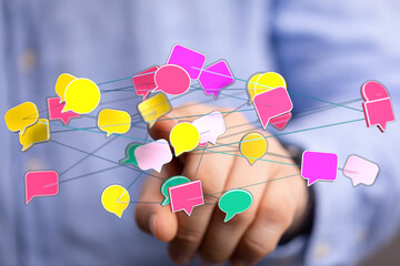 Hand interacting with digital speech bubbles. Concept of communication and global network. Social media, ideas,