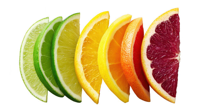 Close-up of fresh colorful citrus fruit slices including lime lemon orange grapefruit variety arranged in a line on white background emphasizing