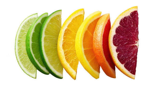 Close-up of fresh colorful citrus fruit slices including lime lemon orange grapefruit variety arranged in a line on white background emphasizing