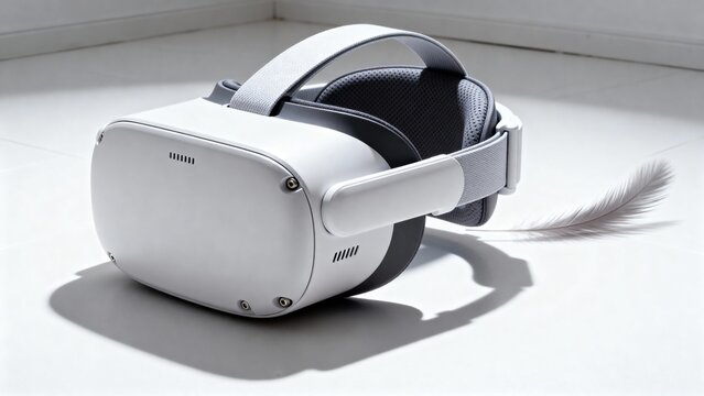 Close up of a white virtual reality headset with a white feather on a white surface in bright light