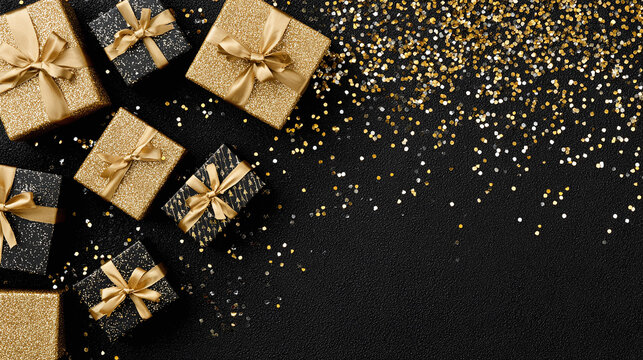 Gleaming presents with gold ribbons sit atop a black surface amidst a shower of gold confetti, a beautiful and celebratory arrangement.