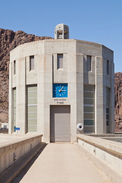 Intake tower exterior and pedestrian bridge at Hoover Dam and Lake Mead, a power generation site on the Colorado River. 
