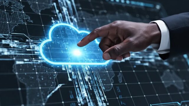 Cloud Technology Interface - A man's hand touches a glowing cloud icon on a digital interface. The backdrop displays a world map with data streams.