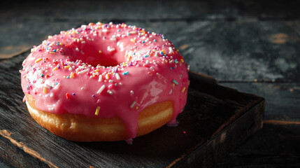 Indulge in a sweet treat with this delightful donut, featuring a vibrant pink glaze and colorful sprinkles on a dark wooden serving board.