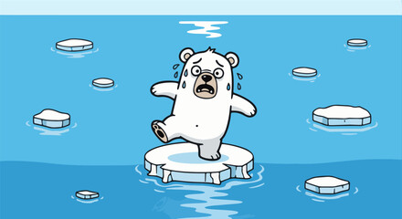 A scared cartoon polar bear stands on a tiny melting ice floe in the blue ocean, surrounded by other small ice pieces, illustrating climate change. © Fikri Fachry
