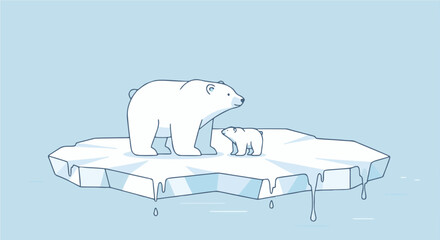 A mother polar bear and her cub stand on a melting ice floe, symbolizing climate change and its impact on arctic wildlife. © Fikri Fachry