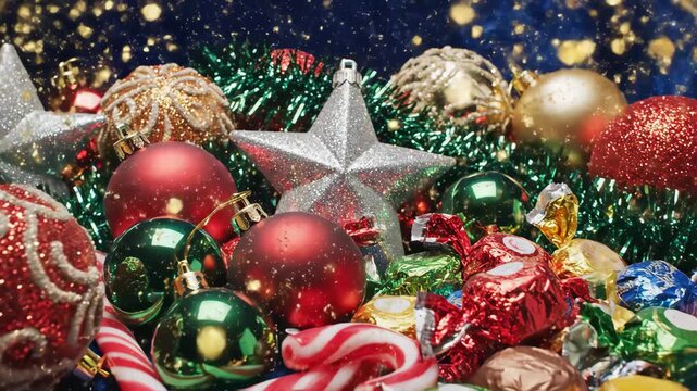 Festive Christmas Ornament Display - A colorful holiday display features ornaments, candy canes, and wrapped chocolates on a dark blue background.