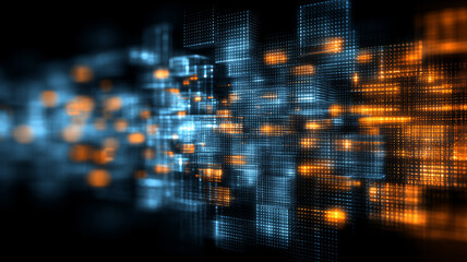 Digital blocks and particles forming abstract structure that represents distributed data architecture, cloud computing clusters, blockchain storage 