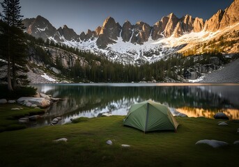 Scenic mountain lake camping adventure with tent on lush grass and stunning reflections