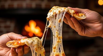 Delicious cheesy pizza stretch with hands reaching for a slice in front of a wood-fired oven