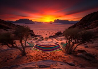 Serene Desert Landscape with Hammock at Sunset Oasis for Peaceful Relaxation