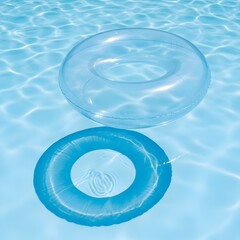 Summer swimming pool inflatable rings floating on the clear blue water surface in the sunlight