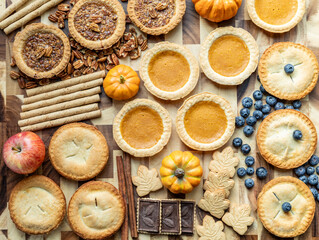 Holiday dessert table featuring assorted pies, pumpkins, and fruits in a cozy kitchen setting