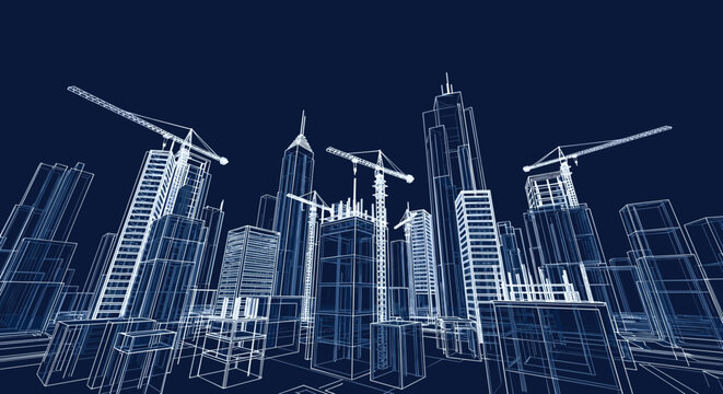 Elegant architectural blueprint of modern city skyline with skyscrapers under construction reveals innovation