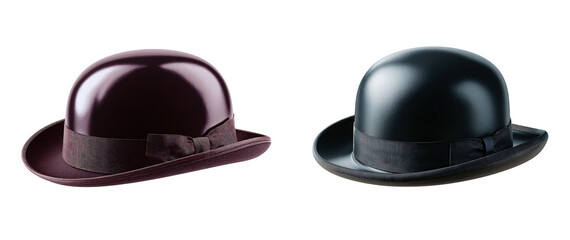 Two bowler hats in dark colors with patterned bands against a black backdrop on transparent background