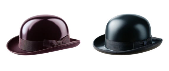 Two bowler hats in dark colors with patterned bands against a black backdrop on transparent background