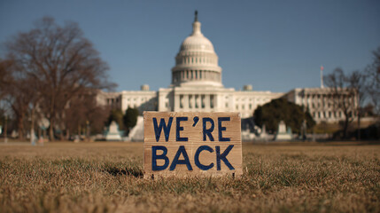 "We're Back" sign in front of a government building, symbolizing a return to normalcy and operations, conveying a message of resilience & readiness.