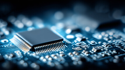 An electronic microprocessor highlighting structured circuitry and the concept of compact high efficiency computational design for advanced devices.

