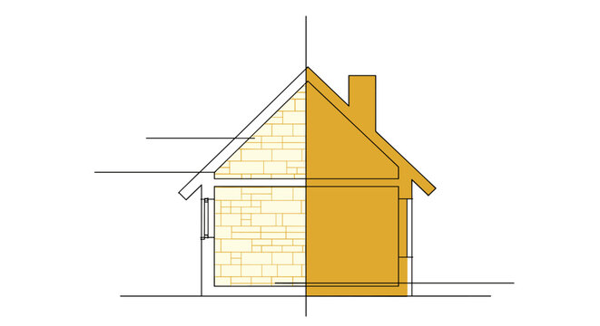 Detailed house elevation blueprint with stone facade and chimney, ideal for architectural design reference