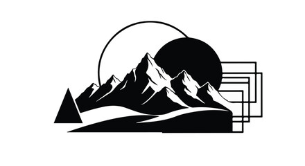 Striking black and white illustration of majestic mountains under a sun and geometric shapes