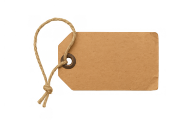 Blank paper tag with string and knot, vintage cardboard label for pricing, sale, retail, messaging on transparent background