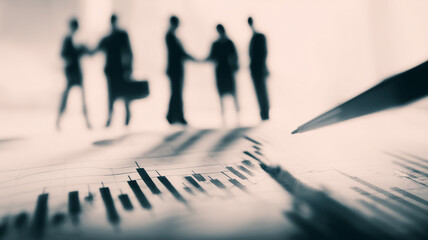 Business professionals meeting around financial charts, symbolizing partnership, negotiation and strategic decisions based on market analytics and corporate performance.