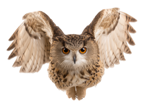 Close-up of a majestic owl with large piercing eyes and outstretched wings, showcasing detailed feathers and a focused expression in natural lighting