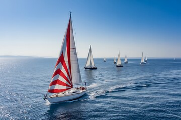 Sailing Yacht Regatta With Red Striped Spinnaker On Blue Ocean
