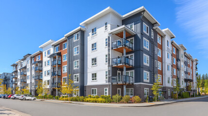 An apartment building with multiple floors and balconies, standing proudly beneath a clear blue sky, offering modern living and urban appeal.
